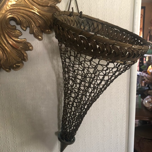 Antique French Brass Woven Chainmail-Style Wall Pocket Hanging Vase